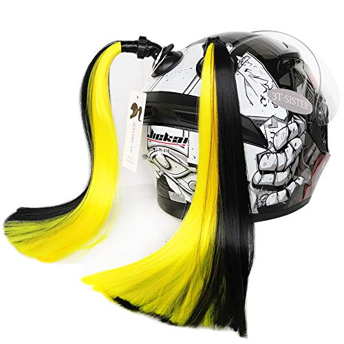 3T-SISTER Casco Pigtails Gradient Ramp Casco Ponytail Casco con ventosa Decoración para el cabello para motocicleta Bike 2 unids 14 pulgadas Negro Amarillo Color