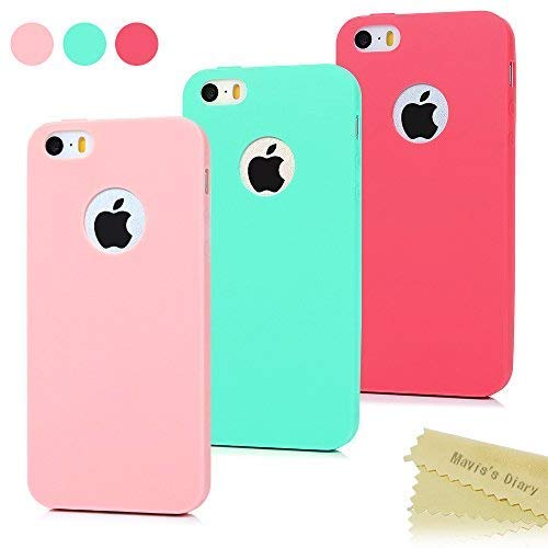 3x Funda iPhone SE, Carcasa iPhone 5S Silicona Gel - Mavis's Diary Mate Case Ultra Delgado TPU Goma Flexible Cover para iPhone 5/5S/SE - Rojo, Rosa claro, Verde menta