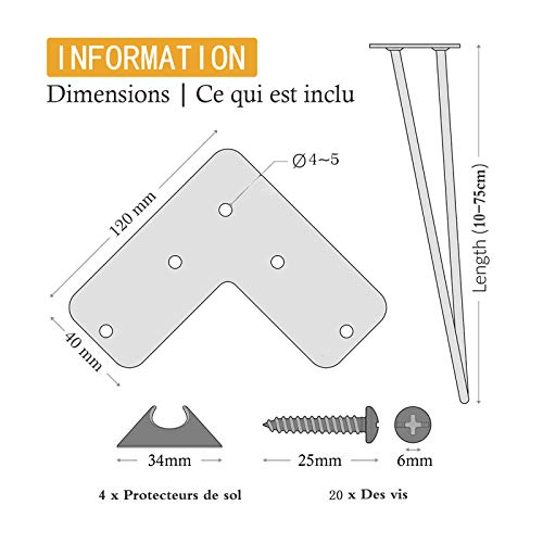 4 Patas Mesa Patas Hairpin Patas a Horquilla Para Mesa de Acero Patas Muebles Robustas Con Tornillos y Bases Protectoras