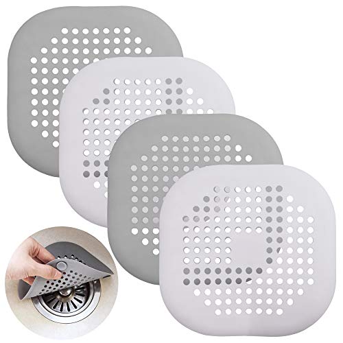 4 piezas Silicona Protector de drenaje con lechón Senhai Colador fregadero Ducha pelo colector Bañera Cubierta de drenaje para cocina Baño- Gris blanco