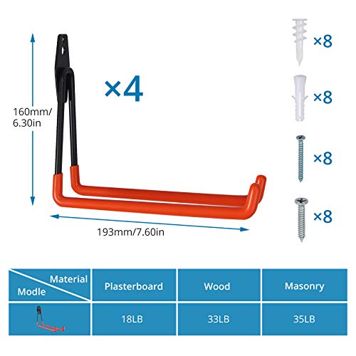 4PCS Ganchos Pesados de Organización 15KG Ganchos de Pared Soporte Colgador para Almacenamiento de Garaje Herramienta con Tornillos para Colgar Artículos a granel, Bicicletas, Llantas, Escaleras