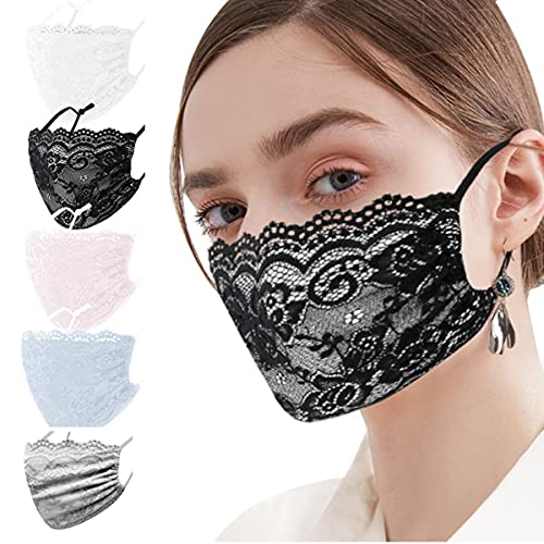 5 mascarillas para mujer con diseño de encaje de tela multicolor, ajustables, lavable, reutilizable, cómodo y transpirable, antipolvo, deportes al aire libre