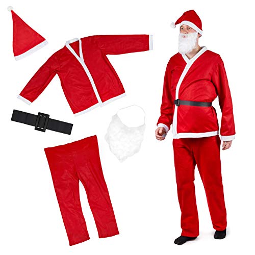 5 Piezas Traje Papá Noel para Adulto| Gorro, Cinturón, Pantalón, Chaqueta, Barba| Cálido y Cómodo de Llevar| Traje Santa Claus de Navidad, Fiesta de Disfraces.