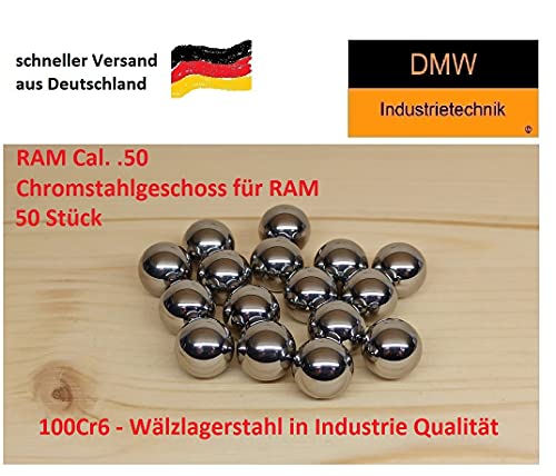 50 unidades de bolas de acero cromado de calibre .50 en calidad industrial G28, ajuste perfecto para HDR HDP. Material: 1.3505 (100Cr6 – rodamiento de acero de rodamiento). Dureza: entre 60 y 66 HRC.