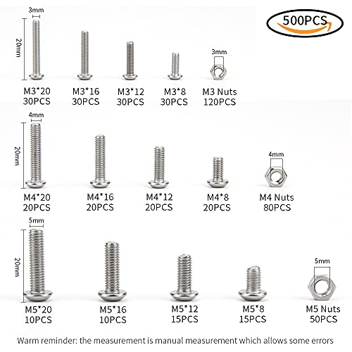 500 Piezas Juego de Tornillos y Tuercas, Juego de tornillos Allen M3 M4 M5 304 acero inoxidable Tornillos y tuercas con caja de almacenamiento
