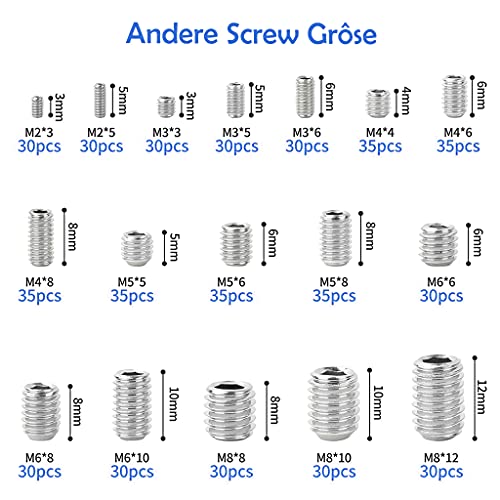 540 Piezas Tornillo Prisionero de Acero Inoxidable, M2 M3 M4 M5 M6 M8 Tornillo de Cabeza Hexagonal, con 6 Llave Inglesa, 1 Pinza y Caja