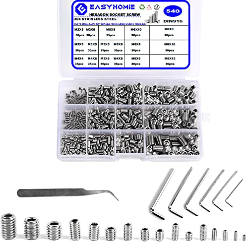 540 Piezas Tornillo Prisionero de Acero Inoxidable, M2 M3 M4 M5 M6 M8 Tornillo de Cabeza Hexagonal, con 6 Llave Inglesa, 1 Pinza y Caja