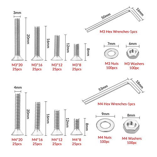 600 tornillos de cabeza plana M3 M4, tornillos hexagonales avellanados de acero inoxidable 304 tuercas y arandelas surtido de tornillos para máquina con 2 llaves hexagonales (8/12/16/20 mm)