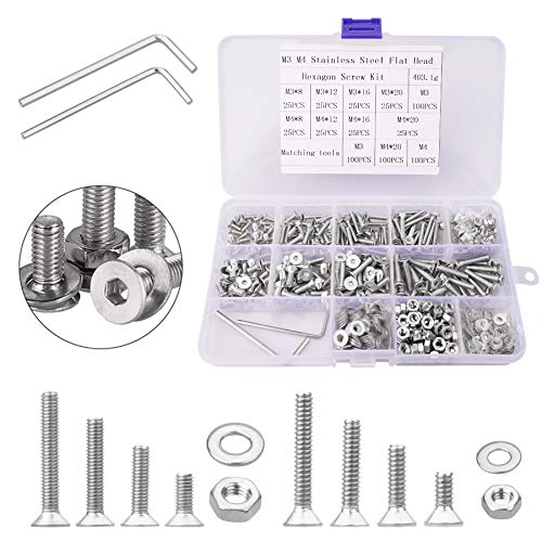 600 tornillos de cabeza plana M3 M4, tornillos hexagonales avellanados de acero inoxidable 304 tuercas y arandelas surtido de tornillos para máquina con 2 llaves hexagonales (8/12/16/20 mm)