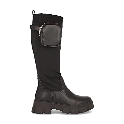 61615-Bota de Plataforma para Mujer, con Cana Elastica de Licra, Bolso de Quita y Pon, Sin Cierre, Otono Invierno 2021. Talla 40 Negro