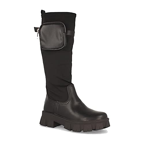 61615-Bota de Plataforma para Mujer, con Cana Elastica de Licra, Bolso de Quita y Pon, Sin Cierre, Otono Invierno 2021. Talla 40 Negro