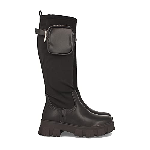 61615-Bota de Plataforma para Mujer, con Cana Elastica de Licra, Bolso de Quita y Pon, Sin Cierre, Otono Invierno 2021. Talla 40 Negro