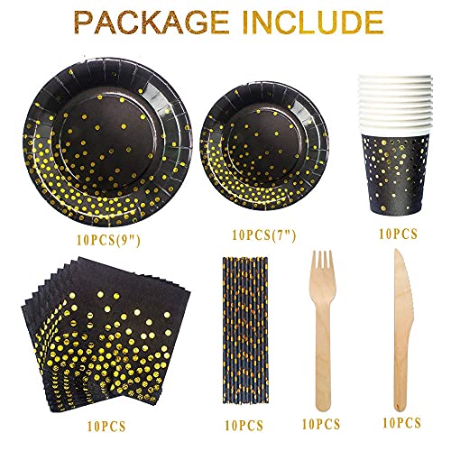 70 Piezas Vajilla Fiesta Oro Negro, Vajilla Desechable Oro Negro, Vajilla Desechable Lunares Dorados Para Fiestas, Bodas, Aniversarios, Cumpleaños (10 Invitados) (Oro Negro)