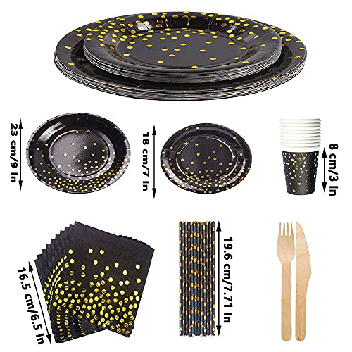 70 Piezas Vajilla Fiesta Oro Negro, Vajilla Desechable Oro Negro, Vajilla Desechable Lunares Dorados Para Fiestas, Bodas, Aniversarios, Cumpleaños (10 Invitados) (Oro Negro)