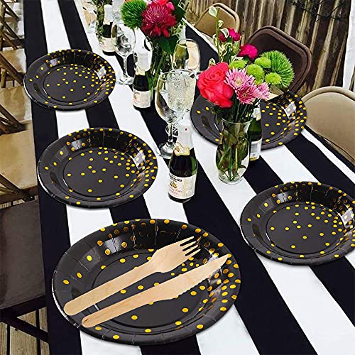 70 Piezas Vajilla Fiesta Oro Negro, Vajilla Desechable Oro Negro, Vajilla Desechable Lunares Dorados Para Fiestas, Bodas, Aniversarios, Cumpleaños (10 Invitados) (Oro Negro)