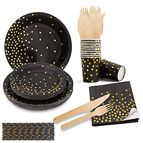 70 Piezas Vajilla Fiesta Oro Negro, Vajilla Desechable Oro Negro, Vajilla Desechable Lunares Dorados Para Fiestas, Bodas, Aniversarios, Cumpleaños (10 Invitados) (Oro Negro)