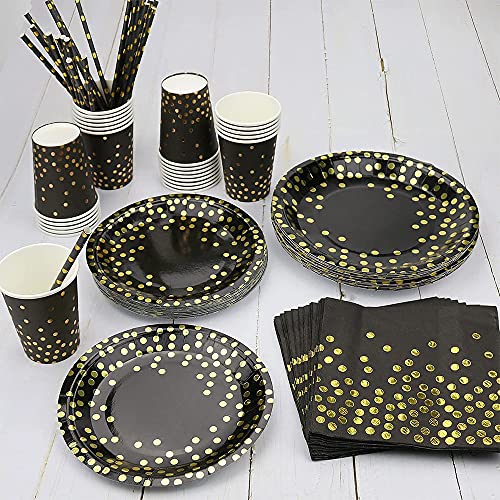 70 Piezas Vajilla Fiesta Oro Negro, Vajilla Desechable Oro Negro, Vajilla Desechable Lunares Dorados Para Fiestas, Bodas, Aniversarios, Cumpleaños (10 Invitados) (Oro Negro)