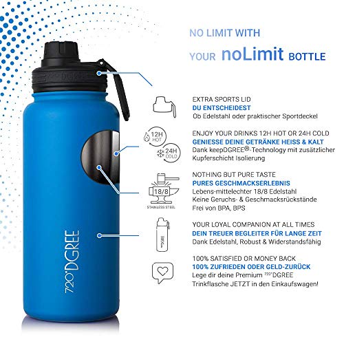 720°DGREE Botella Agua Termo Acero Inoxidable “noLimit“ – 410ml - Sin BPA Free, Antigoteo y Prueba de Fugas - Frasco térmico, Cantimplora Aislada Bebida Caliente Frío con Gas +Cubierta Deporte Gratis