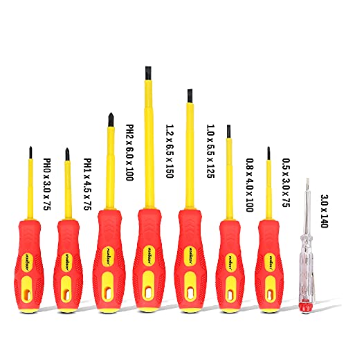 8 pc Juego de destornilladores profesionales de electricista VDE 1000V Aislados, pozidrive, phillips, plana y Buscapolos. Puntas magnéticas. Maletín organizador Herramienta para bricolaje y taller