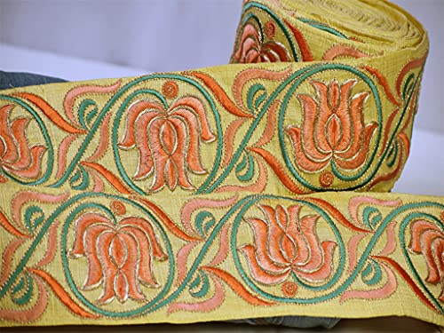 9 yardas al por mayor adorno cinturón nupcial amarillo Lotus tela Trim Boutique Material Ropa bordada vestido de novia cinta india sari frontera decorativa artesanía accesorios de costura