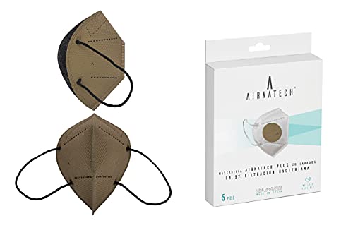 A AIRNATECH 5 Mascarillas AIR PLUS Beige – Alta Respirabilidad > 56% - Protección 99,9% (BFE) – Reutilizable 20 Lavados – Hasta 16 horas uso continuo - Certificación CE- Fabricada en España