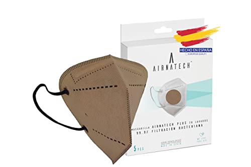 A AIRNATECH 5 Mascarillas AIR PLUS Beige – Alta Respirabilidad > 56% - Protección 99,9% (BFE) – Reutilizable 20 Lavados – Hasta 16 horas uso continuo - Certificación CE- Fabricada en España