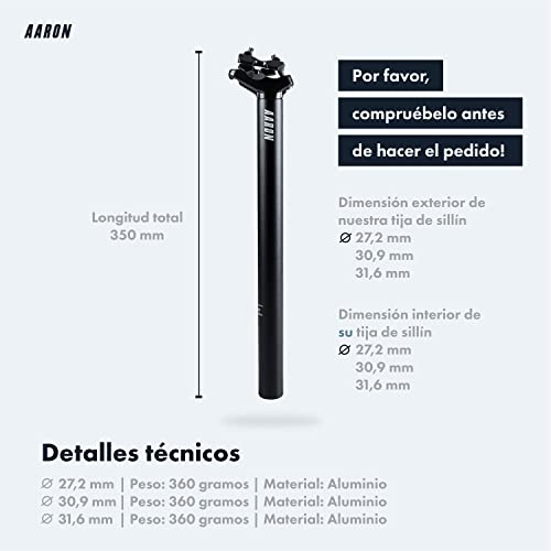 AARON Post - Tija de sillín de 31,6 mm de diámetro de aluminio con 350 mm de longitud, para bicicleta de ciudad, trekking, bicicleta de paseo y bicicleta de montaña con escala, color negro