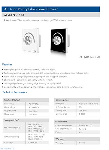 AC Triac Rotary Glass Panel Dimmer Rotary Dimming/Glass Panel/Leading edge or Trailing edge/Wireless Remote Control White