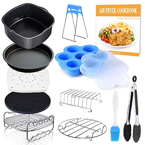 Accesorios para freidoras de aire cuadrados 11 piezas con libro de recetas de recetas compatibles para freidoras de aire y horno, juego de accesorios de freidora profunda de lujo de 12-8 pulgadas ...