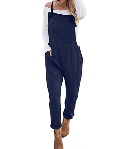 ACHIOOWA Mono para Mujer Peto de Pantalones Casual Ajustable Correa Rompers Largo Sin Mangas Monos de harén Mono de Pierna Ancha Overalls con Bolsillo Azul L