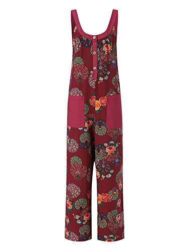 ACHIOOWA Mono para Mujer Peto de Pantalones Flor Impresa Casual Ajustable Correa Rompers Largo Sin Mangas Monos de harén Mono de Pierna Ancha Overalls con Bolsillo F-Rojo M