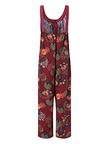 ACHIOOWA Mono para Mujer Peto de Pantalones Flor Impresa Casual Ajustable Correa Rompers Largo Sin Mangas Monos de harén Mono de Pierna Ancha Overalls con Bolsillo F-Rojo M