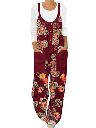 ACHIOOWA Mono para Mujer Peto de Pantalones Flor Impresa Casual Ajustable Correa Rompers Largo Sin Mangas Monos de harén Mono de Pierna Ancha Overalls con Bolsillo F-Rojo M