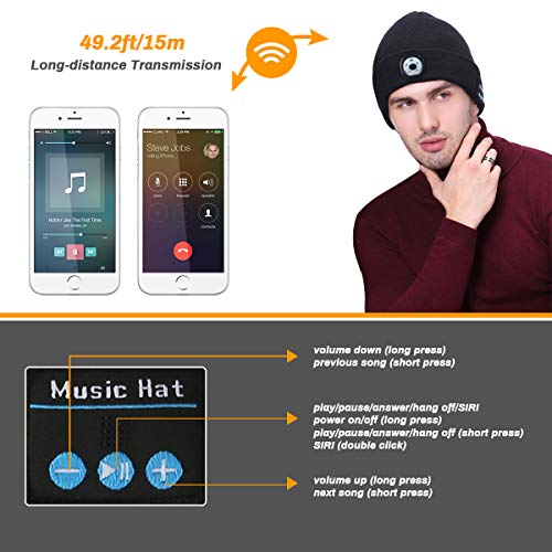 Achort LED Iluminado Bluetooth Beanie Cap USB Recargable inalámbrico Running Hat LED Lámpara de luz Uso Gorra de Punto Invierno con música y Llamadas para Esquiar Senderismo (Negro)