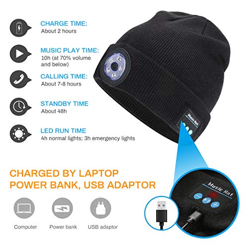 Achort LED Iluminado Bluetooth Beanie Cap USB Recargable inalámbrico Running Hat LED Lámpara de luz Uso Gorra de Punto Invierno con música y Llamadas para Esquiar Senderismo (Negro)