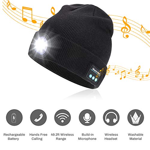 Achort LED Iluminado Bluetooth Beanie Cap USB Recargable inalámbrico Running Hat LED Lámpara de luz Uso Gorra de Punto Invierno con música y Llamadas para Esquiar Senderismo (Negro)