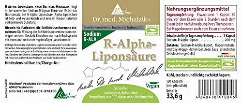 Ácido R-alfa lipoico según el Dr. medicina Michalzik, sustancia endógena importante, 200 mg de ácido R-alfa lipoico puro por cápsula - 120 cápsulas veganasc - sin aditivos - de BIOTIKON®