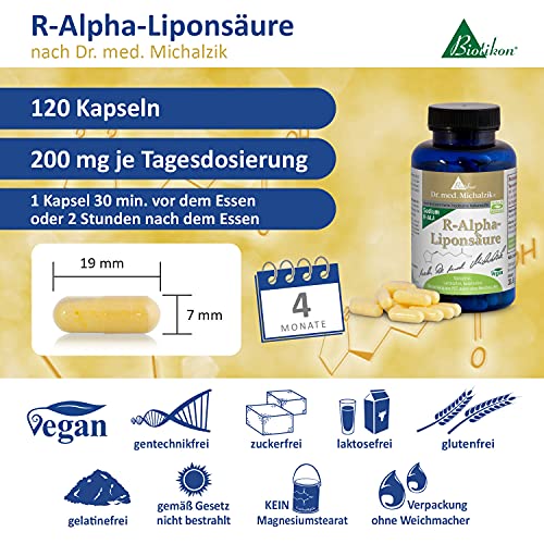 Ácido R-alfa lipoico según el Dr. medicina Michalzik, sustancia endógena importante, 200 mg de ácido R-alfa lipoico puro por cápsula - 120 cápsulas veganasc - sin aditivos - de BIOTIKON®