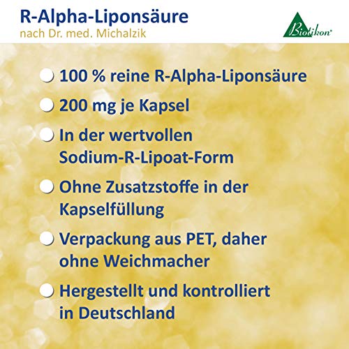 Ácido R-alfa lipoico según el Dr. medicina Michalzik, sustancia endógena importante, 200 mg de ácido R-alfa lipoico puro por cápsula - 120 cápsulas veganasc - sin aditivos - de BIOTIKON®