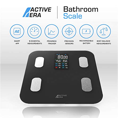 Active Era Báscula de Baño Inteligente Digital Bluetooth con Carga USB, 16 Medidas de Análisis, Grasa Corporal (IMC), Muscular y Frecuencia Cardíaca. Aplicación Gratuita y Compatible con Otras App