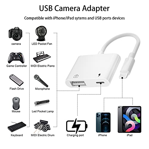 Adaptador de Cámara USB 3, Adaptador Light-ning a USB OTG con Puerto de Carga, Compatible con i-Pad / i-Phone, Apoyo Sincronización de Datos, Lector de Tarjetas, Unidad Flash USB, Teclado, Mouse