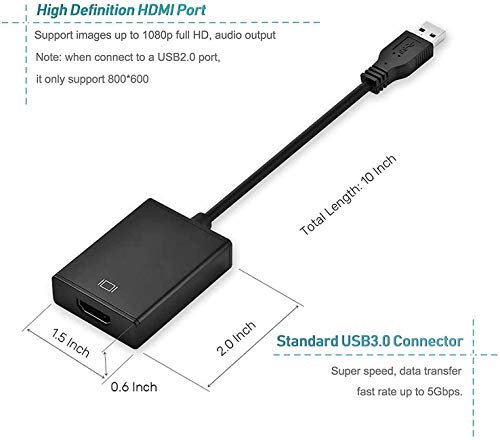 Adaptador USB a HDMI, USB 3.0/2.0 a HDMI Audio Video Adapter HD 1080P Video Cable Convertidor para PC, portátil, HDTV Compatible con Windows XP/10/8/7