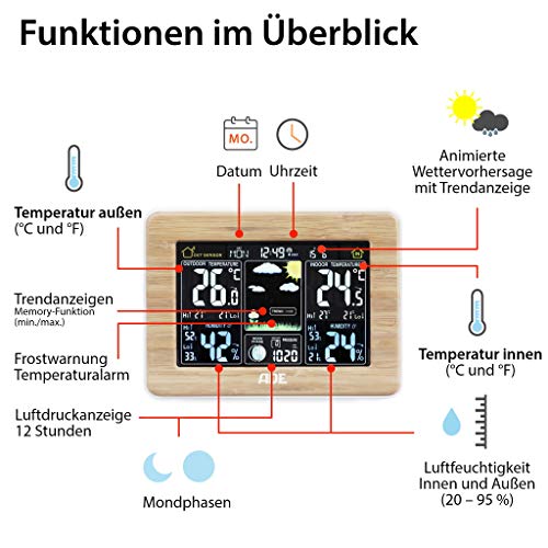 ADE WS1703 Estación meteorológica digital con radio-reloj-alarma y sensor externo, color Madera