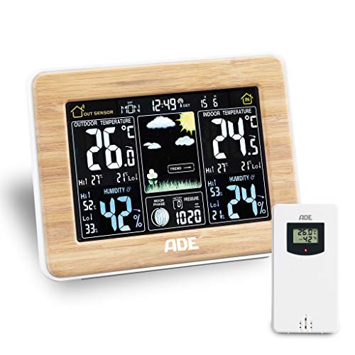 ADE WS1703 Estación meteorológica digital con radio-reloj-alarma y sensor externo, color Madera