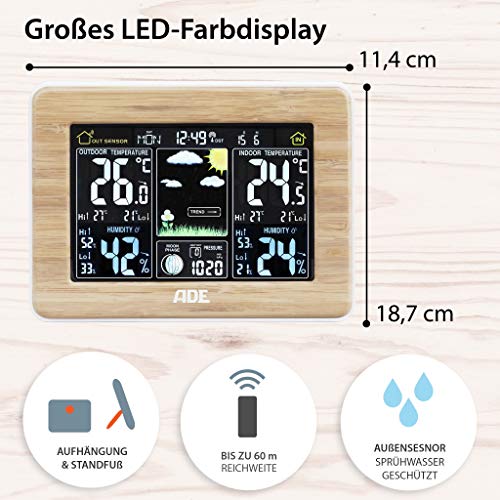 ADE WS1703 Estación meteorológica digital con radio-reloj-alarma y sensor externo, color Madera