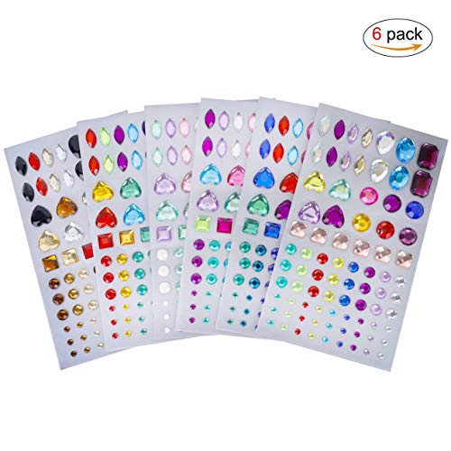 Adhesivo de Diamantes de Imitación Gemas de Cristal Pegajoso para Niños Artesanía Bricolaje Joyas Bling Multicolor para el Rostro, Maquillaje, Uñas, Adornos de Scrapbooking, 6 hojas 486 piezas