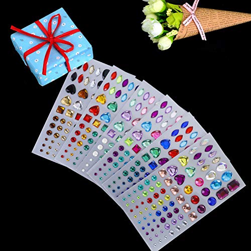 Adhesivo de Diamantes de Imitación Gemas de Cristal Pegajoso para Niños Artesanía Bricolaje Joyas Bling Multicolor para el Rostro, Maquillaje, Uñas, Adornos de Scrapbooking, 6 hojas 486 piezas