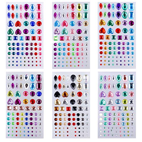 Adhesivo de Diamantes de Imitación Gemas de Cristal Pegajoso para Niños Artesanía Bricolaje Joyas Bling Multicolor para el Rostro, Maquillaje, Uñas, Adornos de Scrapbooking, 6 hojas 486 piezas