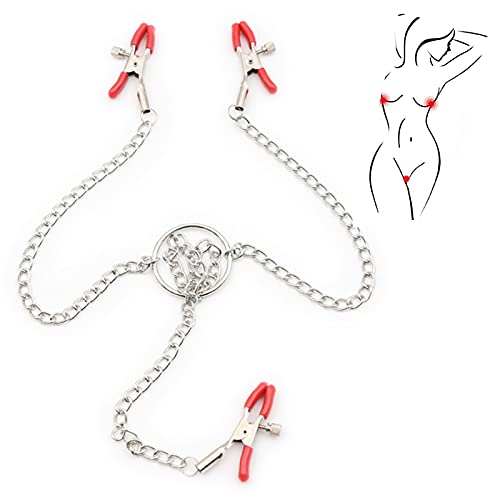 Adjustable Nipple Clips, Non Piercing Nipple Rings with Chain, Nipple Rings Breast Stimulation Toys, Pacifier Clip Lasso for Sex Pleasure (Red)