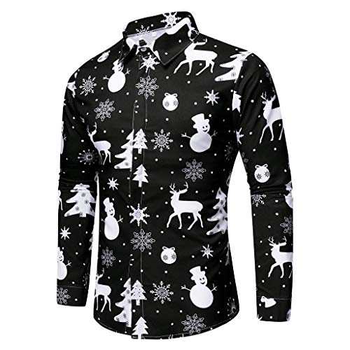 Adpan Hombres Casual Copos De Nieve Navidad Deer Impreso Navidad Camisa Top Blusa, Negro, XXL